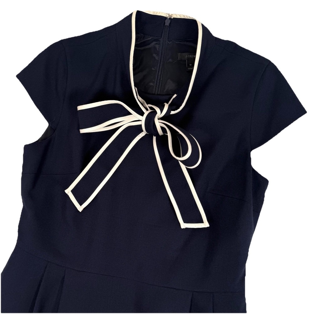 J Crew‎ Blythe Dress Womens 10 Navy Blue Wool Tie Neck Crepe Professional Office